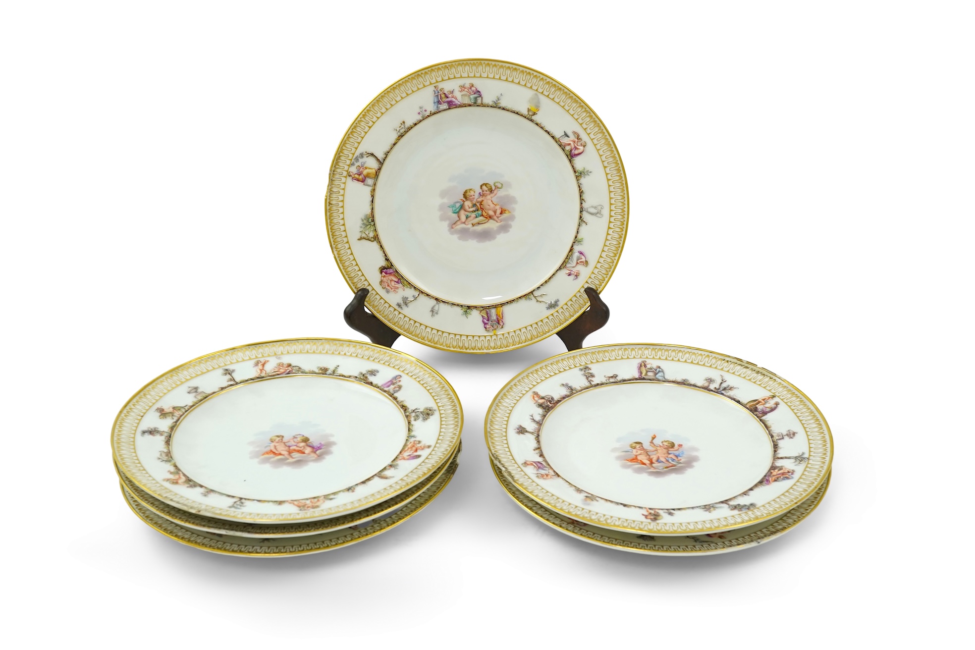 A set of six Meissen plates, decorated in the Capodimonte style, late 19th century